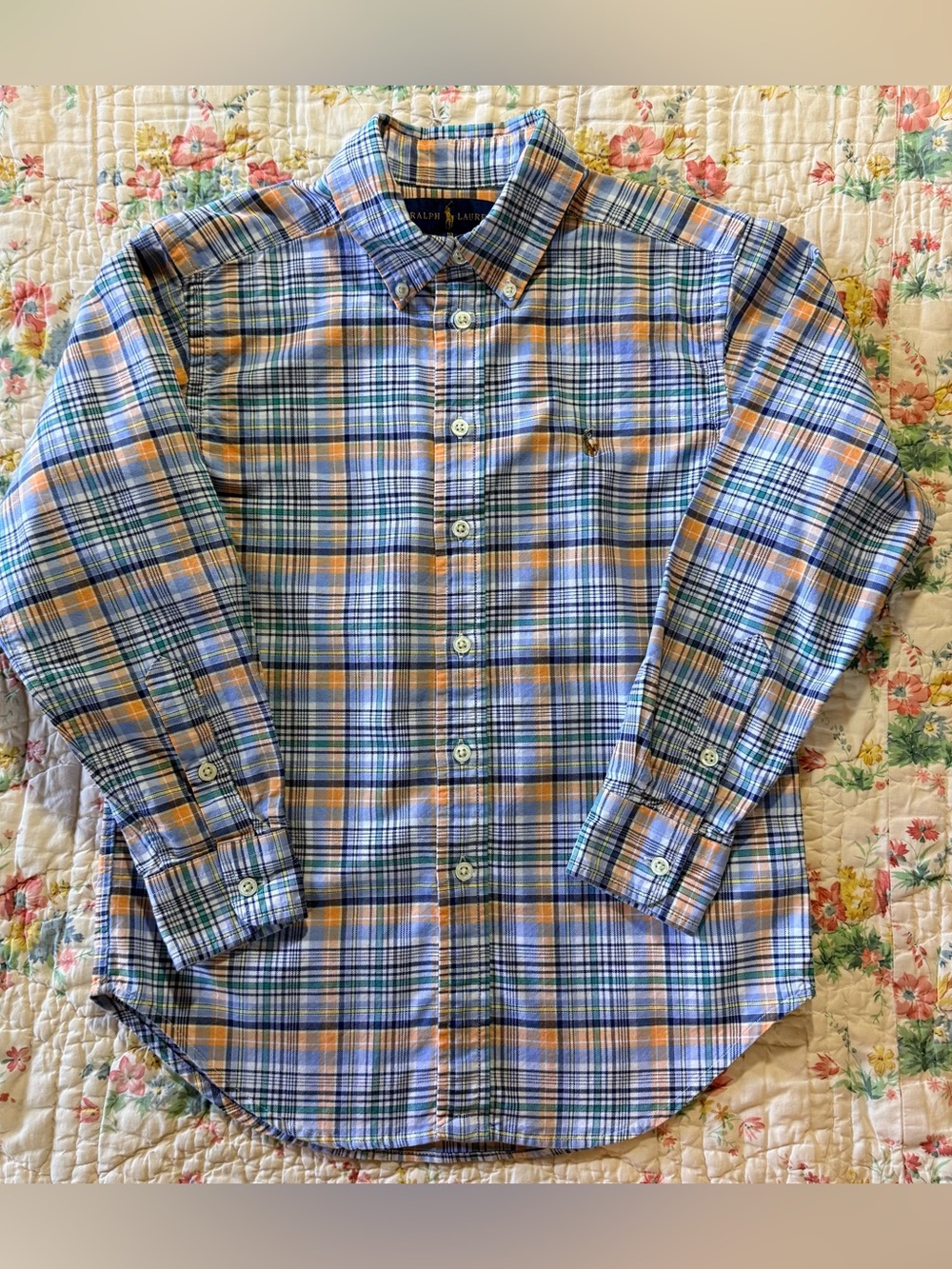 Ralph Lauren Boys Size 10 Plaid Oxford Button Down Shirt Blue Orange Green